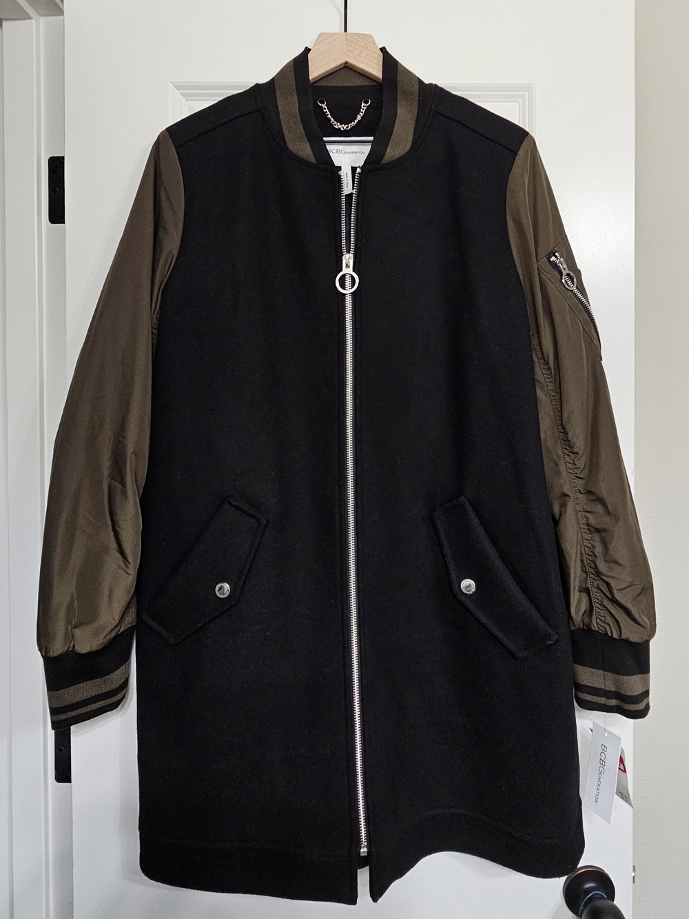 NWT BCBGeneration Black Body with Olive Sleeves Long Bomber Wool Coat